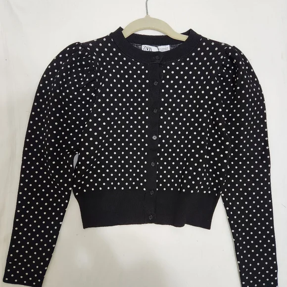 Zara Black Knit Cardigan with White Polka Dots. Size Medium - Picture 2 of 9